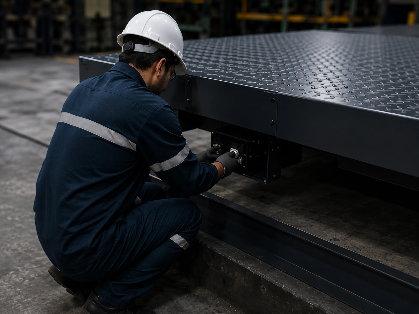 Técnico realizando mantenimiento a una balanza industrial